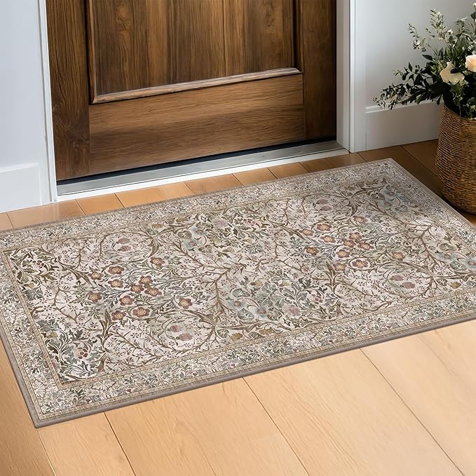 Moss Green Washable 2x4 Entry Rug - Front Door Rugs Indoor, Vintage Floral Style Small Rug for Kitchen, Bathroom, Non-Slip Boho Vintage Dark Taupe Entryway Décor
