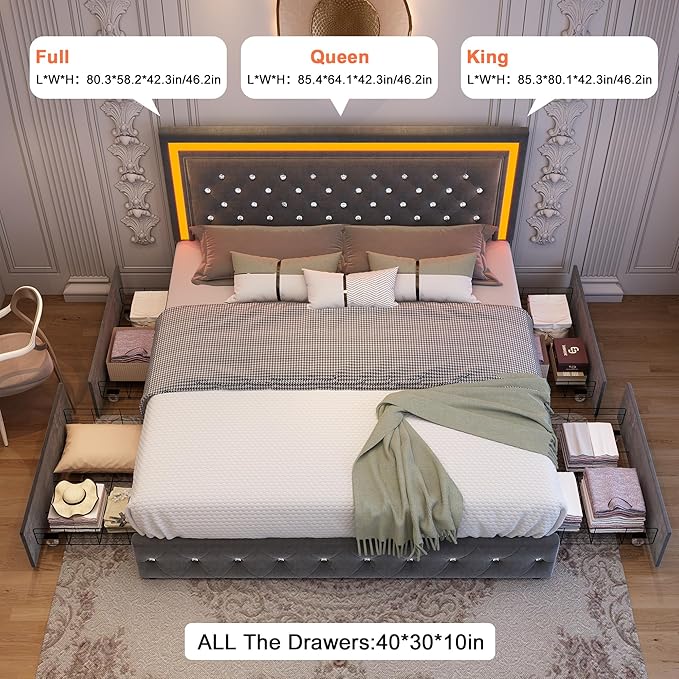 Full Bed Frame with LED Lights, Storage Drawers, No Box Spring Needed, 900 lbs Capacity, Easy Assembly, Velvet Grey