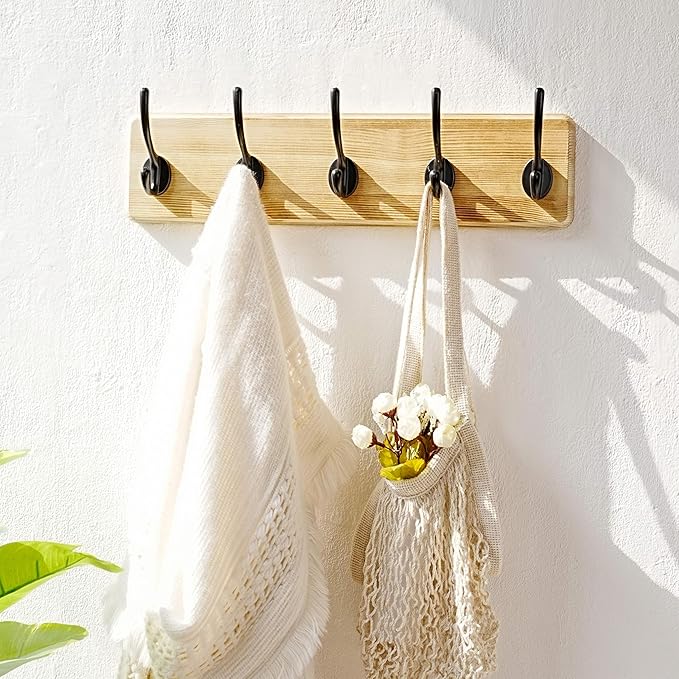 Dseap Coat Rack Wall: Patented, Heavy-Duty, 5-Double-Hooks Wooden Wall Mounted Coat Rack Coat Hanger Hook Rail for Winter Coats Hat Jacket Clothing, Light Brown