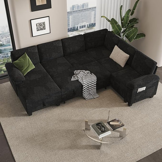 100" Modular Sectional Sleeper Sofa with Pull Out Bed,U Shaped 7 Seat Sectional Sofa with Storage,Modular Couch for Living Room,Deep Seat Couch with Removable Sofa Cover,Black
