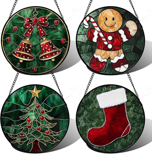 Stained Glass Window Hanging 4 Pcs Set Red Christmas Stockings and Gingerbread 9.8" - Suncatcher Door Garden Sun Catcher Decor Birthday Mother's Day Xmas Gifts for Mom Woman Nana Men