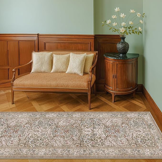 Non Slip 2x10 Moss Green Hallway Runner - 10ft Long Runner Rugs, Washable Kitchen Floor Mat - Vintage Brown Taupe Neutral Floral Design Décor