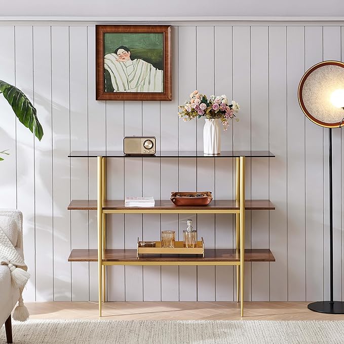 Glass Console Table for Living Room, Foyer & Entryway, L41 x W14 x H31 Inch, 3-Tier Mid-Century Modern Sofa Table with Amber Glass Top, Walnut Finish Wood Shelf and Gold Finish Frame