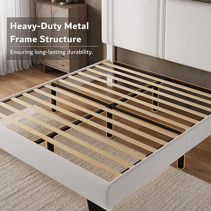 iPormis Full Platform Bed Frame with Velvet Upholstered Headboard & Thickened Legs, Mattress Foundation w/Solid Wooden Slats Support, Noise Free, No Box Spring Needed, White