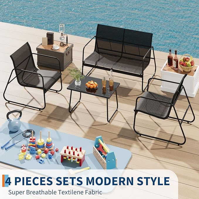 GarveeLife 4Pcs Textilene Conversation Set with 2 Chairs, Patio Conversation Set with Single Chairs and Glass Top Coffee Table, Textilene Furniture Set with Love Seat