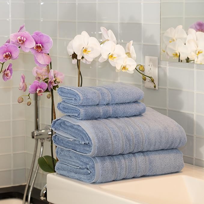 Mosobam Luxury Turkish 4pc XL Towel Set 35X70 16X30 Allure Blue Oversize 700 GSM Bamboo Viscose & Aegean Turkish Combed Cotton