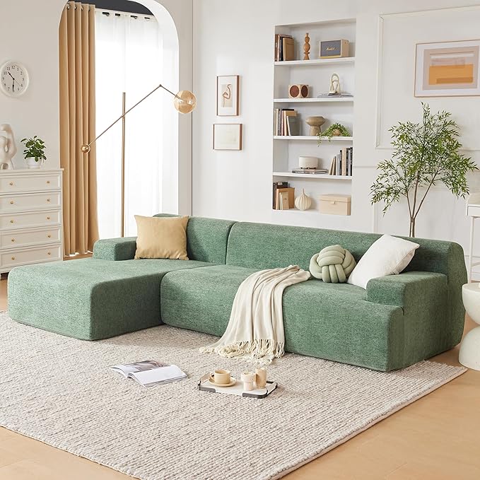107” Chenille Modular Sectional Sofa, Boneless Couch Modern Sponge Sofa for Living Room, High Density Sponges Cloud Couch Sectional, L-Shape Couches for Living Room, Green