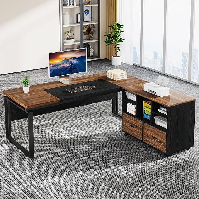 Tribesigns L-Shaped Executive Desk with Reversible File Cabinet, 63" Office Desk with Storage Drawers, L-Shaped Computer Desk with Drawer Cabinet for Hanging Letter Size Files (Brown+Black)