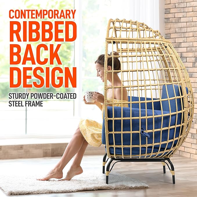 Jovial Wicker Rattan Egg Chair,Indoor Outdoor Blue Sofa Chair for Patio Backyard and Living Room with 4 Cushions and Powder Coated Steel Frame,Woven Texture Contemporary Ribbed Back Design