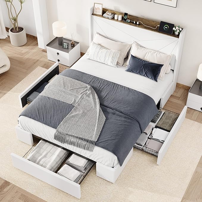 Allewie Queen Size Velvet Bed Frame with 3 Storage Drawers, Upholstered Platform Bed with Wingback Storage Headboard and USB Ports, No Box Spring Needed, Easy Assembly, White