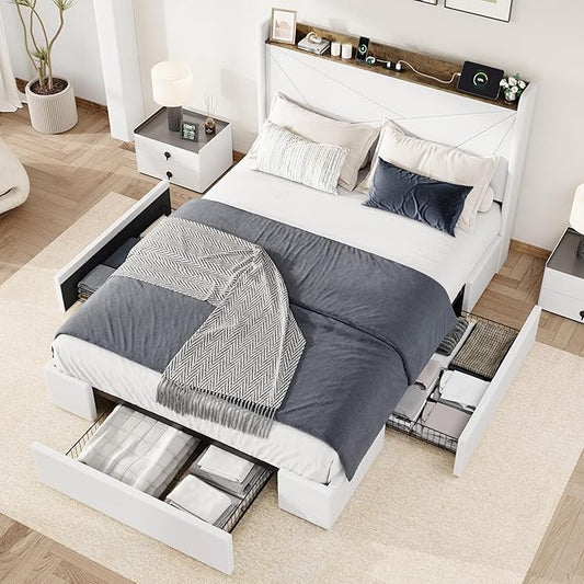 Allewie Queen Size Velvet Bed Frame with 3 Storage Drawers, Upholstered Platform Bed with Wingback Storage Headboard and USB Ports, No Box Spring Needed, Easy Assembly, White
