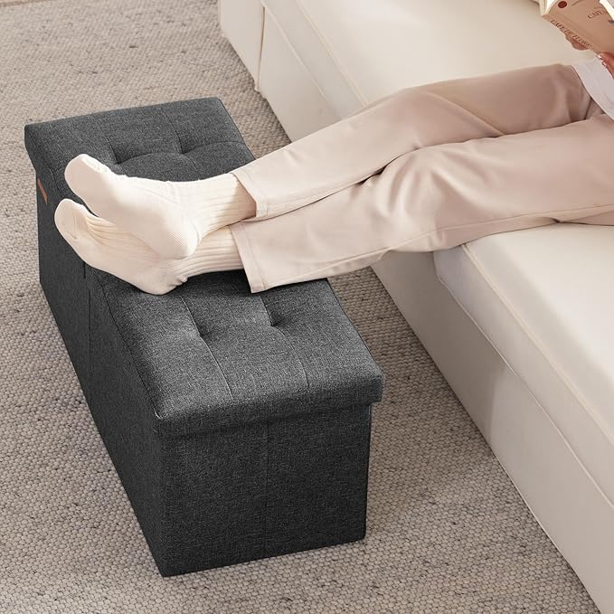 HAUSFRAU 31.5 Inches Ottoman with Storage Bench, Folding Ottoman Bench Small Foot Rest Stool, Bedroom Bench with Flipping Lid, Linen Dark Gray