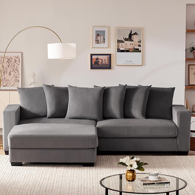 101.6" Deep Seat Modular Sectional Sofa, Thickened Corduroy Sectional Couches for Living Room, Comfy L-Shaped Upholstered Cloud Couch with Chaise, Widened Armrests for 4 People, Dark Grey