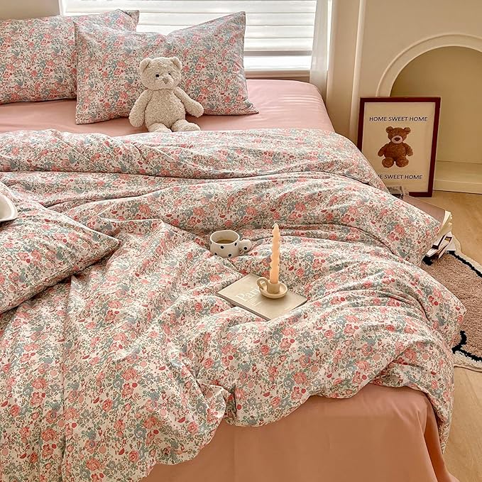 EAVD French Garden Pink Floral Comforter Set Full Soft Microfiber Chic Shabby Floral Bedding Set with 2 Pillowcases Cute Botanical Comforter Set for All-Season