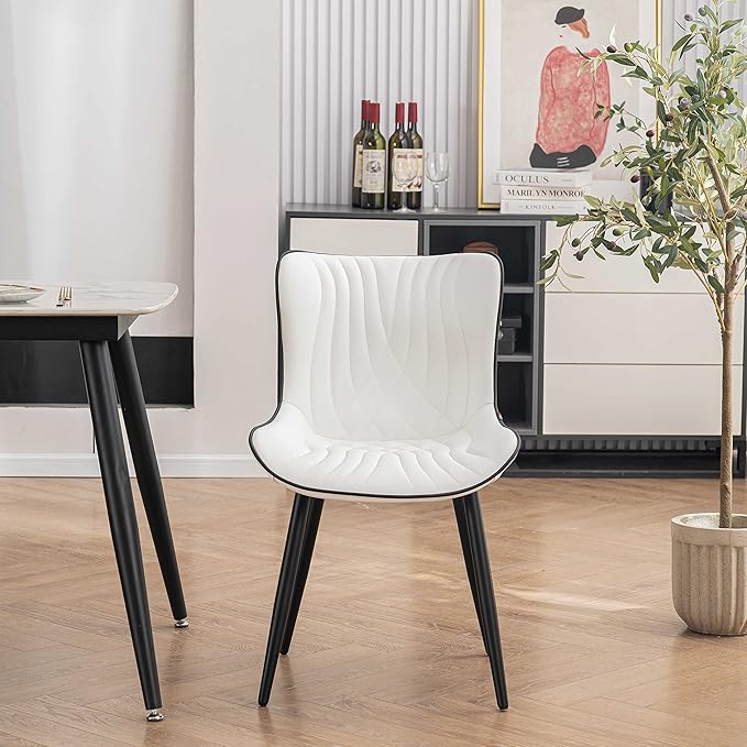 YOUTASTE Dining Chairs Set of 2, Mid Century Modern Upholstered Faux Leather Kitchen Room Chairs, with Black Metal Legs, Armless Accent Chair for Living Room, Bedroom, Vanity, White