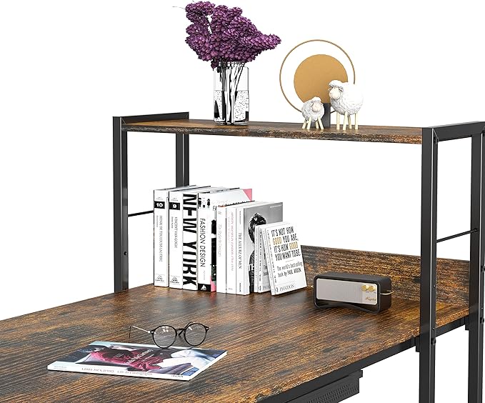 SHW 46-Inch Home Office Mission Computer Desk with Side Shelf and Drawer, Rustic Brown