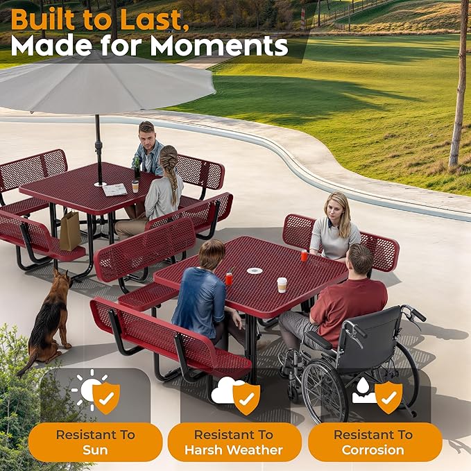 Metal Picnic Tables for Outdoors with Umbrella Hole - Coated Steel Heavy Duty Commercial Grade Furniture with Adjustable Seats (Red, 46 in, Square with Back, Expanded Steel)