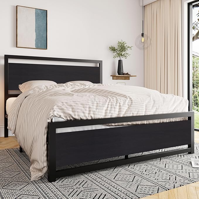 Allewie Full Bed Frame with Headboard, Heavy Duty Metal Platform Base with Strong Support, Underneath Storage Space, Stable Mattress Foundation, No Box Spring Needed, Black