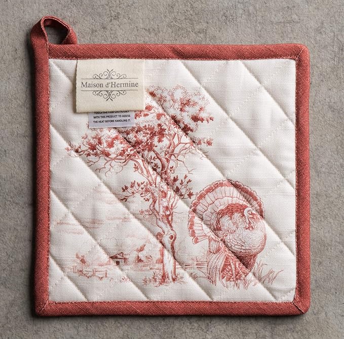 Maison d' Hermine Pot Holders 100% Cotton Heat Resistant Potholders 8" x 8" Hot Pads with Loop for Thanksgiving Christmas Decorations BBQ Cooking Baking Handling Hot Pans (Pack of 1, Holy Jouy - Red)