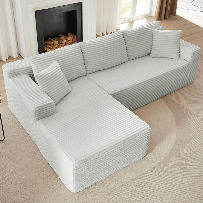 Modular Cloud Sectional Couch with L-Shape Chaise,Modern Upholstered Couches with Deep Seat,Corduroy Sponge Compressed Sofa for Living Room,No Assembly Required (Light Gray)