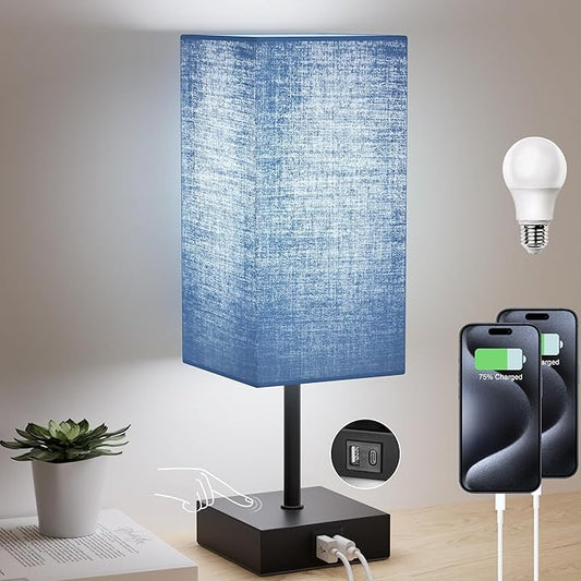 Sailstar Bedside Table Lamp for Bedroom, 3 Way Dimmable Touch Lamp with USB C+A Charging Ports, Small Nightand Lamps for Bedroom Decor, Living Room, LED Bulbs Included, Upgraded Navy Blue