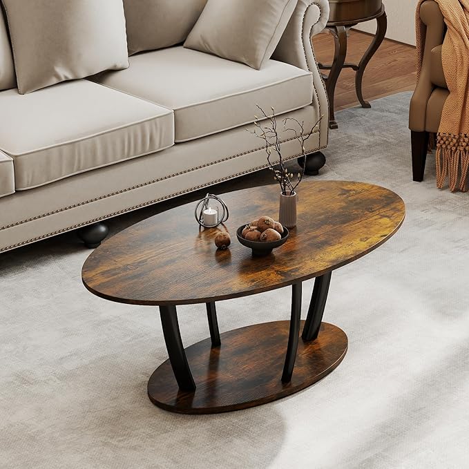 Manora Rustic Small Oval Coffee Table for Living Room, Narrow Wood Center Table with Shelf, Retro Style Coffee Table with Curved Metal Legs, Stable and Easy Assembly, Dark Brown