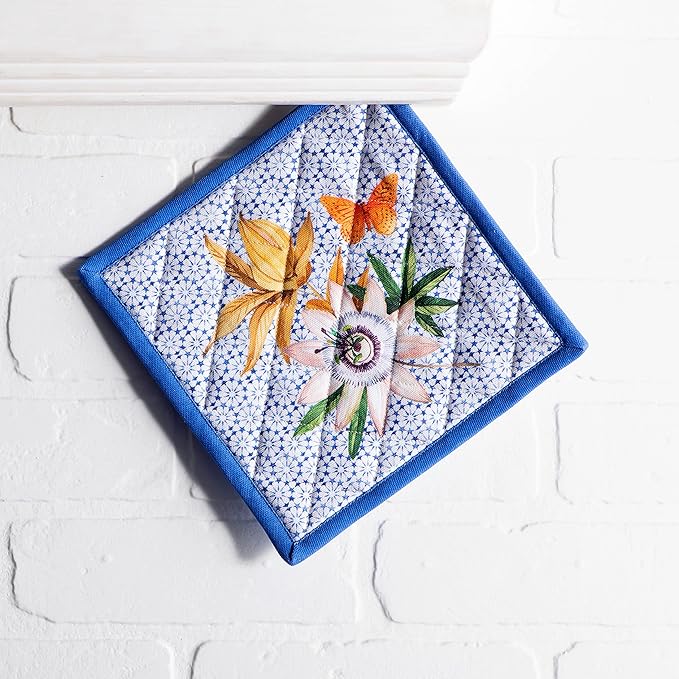 Maison d' Hermine Pot Holders 100% Cotton Heat Resistant Potholders 8" x 8" Hot Pads with Loop BBQ, Cooking, Baking, Grilling, Kitchen, Handling Hot Pans Spring/Summer (Pack of 1, Passiflora)