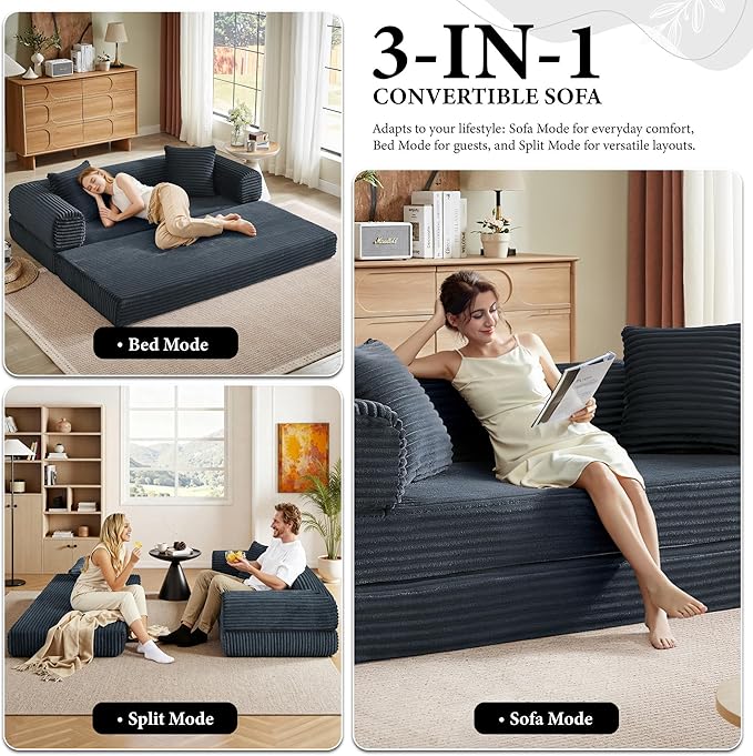 Boneless Couch Sofa Bed Sectional Couches for Living Room,Futon Cloud Couch with Sleeper Sofa,Sofas for Living Room Oversized Corduroy Upholstered (Dark Grey)