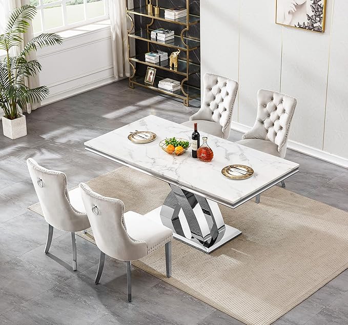 Modern White Marble Dining Table Set for 4,5-Piece Kitchen Table and Chairs for 4,Luxury Silver Dining Room Table Set w/68" Rectangle Dinner Table & 4 Beige Velvet Chairs for Kitchen Dining Room