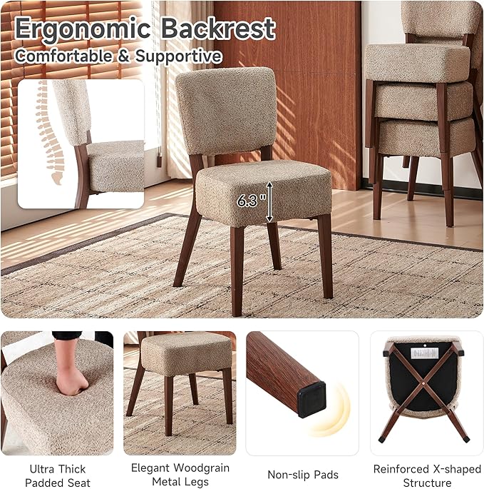 Howtek Modern Dining Chairs Set of 4 with 6.3" Thick Seat Cushions, Space-Saving Stackable Upholstered Kitchen Chairs, Ergonomic Backrest & Wood Grain Metal Legs, Brown