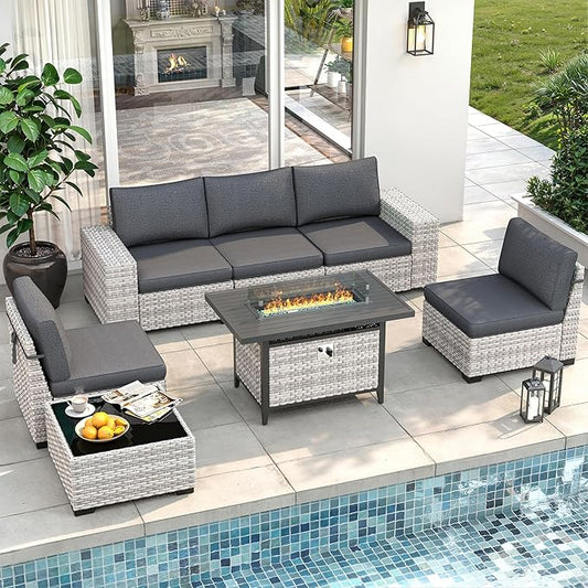 7 Piece Outdoor Wicker Rattan Sectional Sofa Set with Fire Pit Table, 5-Seats Conversation Set with 4" Thickened Cushions & Coffee Table, All-Weather PE Rattan for Garden, Backyard, Porch, Black