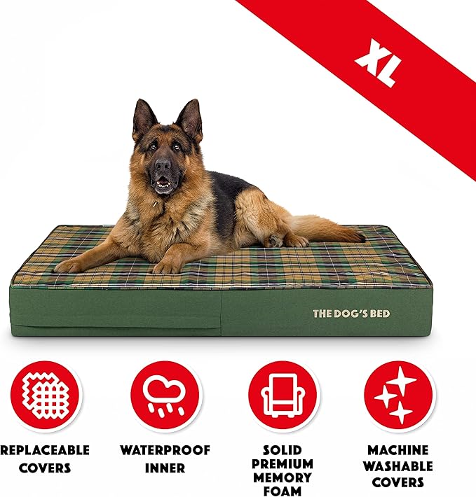 The Dog’s Bed Orthopedic Memory Foam Dog Bed, XL Green Tartan 46x28, Pain Relief for Arthritis, Hip & Elbow Dysplasia, Post Surgery, Lameness, Supportive, Calming, Waterproof Washable Cover