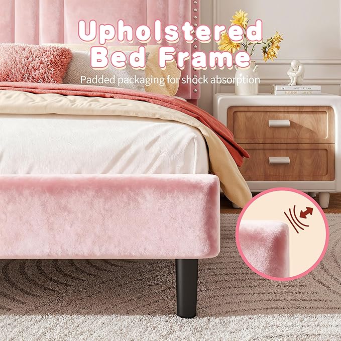 EnHomee Queen Bed Frame with LED and Velvet Headboard, Bed Frame Queen Size with Adjustable Cute Cloud Headboard, Strong Support, Noise Free, No Box Spring Needed, Easy Assembly, Pink