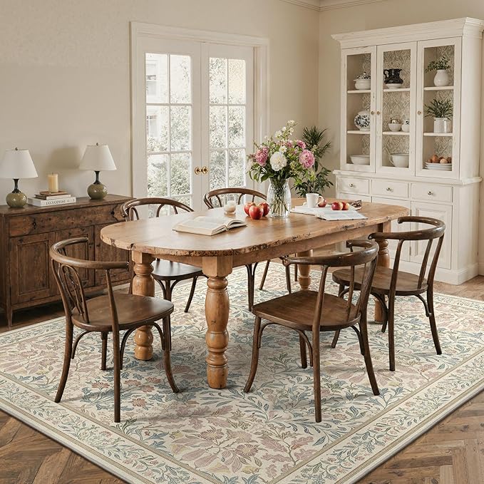 GENIMO 8x10 Washable Area Rug, Non-Slip Vintage Boho Floral Carpet, Soft Low-Pile Thin Living Room Rug for Bedroom, Dining Room, Nursery, Beige Pink