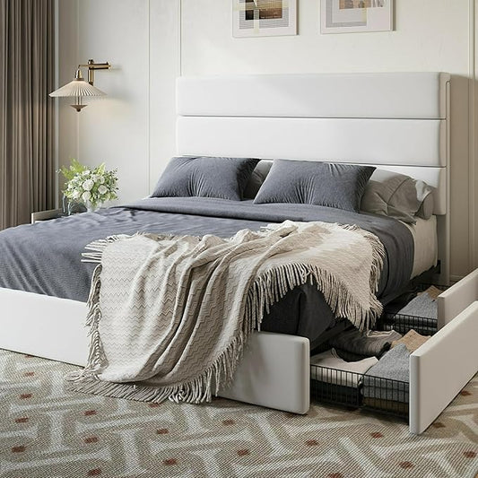 SHA CERLIN Queen Size Platform Bed Frame with 4 Storage Drawers, Velvet Upholstered Headboard, Mattress Foundation with Wooden Slats Support, No Box Spring Needed, Easy Assembly, White