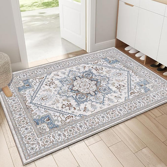 OPPODREAM Thin Throw Rugs 2x3, Small Neutral Washable Entryway Rugs 2 x 3 with Non Slip Backing, Low-Pile Faux Cashmere 2 x 3 Carpet, Cream White & Blue & Light Brown