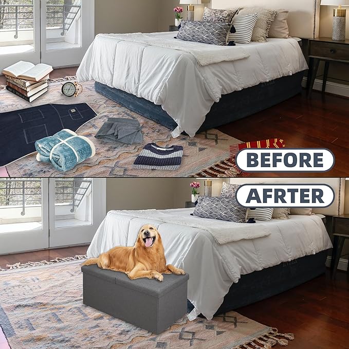 CAROLMADE 30 Inches Storage Ottoman Bench with Flipping Lid, Linen Foldable Storage Footrest, Ottoman with Storage for Living Room Holds up to 330lbs, Dark Grey