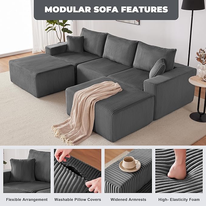 108” Modular Sectional Couches, Cloud Sectional Couch with Deep Seat, Modern Modular L-Shape Sofa with Chaise,Upholstered Boneless Sofa for Living Room (Corduroy, Grey)