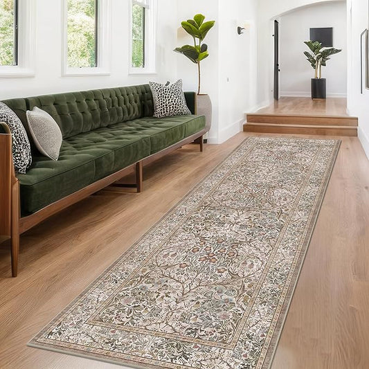 Moss Green 3x8 Oriental Runner Rugs for Hallway, Kitchen, Entryway Indoor - Non-Slip & Low Pile, Geometric Floral Stain Resistant Carpet, Vintage Neutral Home Décor