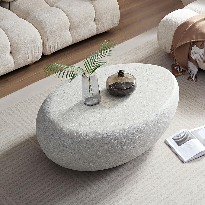 43.31" Fiberglass Elliptical Oval Coffee Table for Living Room Vintage Matte Rocks Center Table Front of The Sofa, No Need Assembly