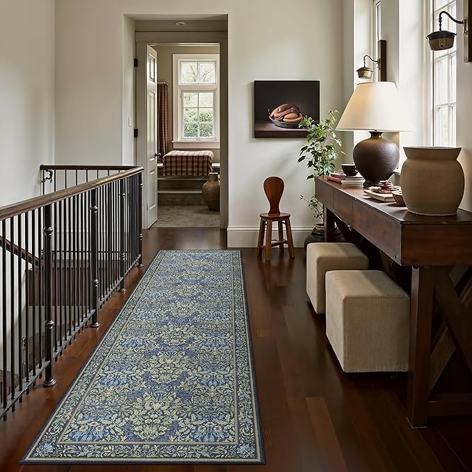 GENIMO Floral Washable Runner Rug 2’6”x10’, Non-Slip Long Hallway Carpet for Entryway, Kitchen, Indoor Floor Use, Vintage Boho Soft Thin Rug Décor, Dark Blue