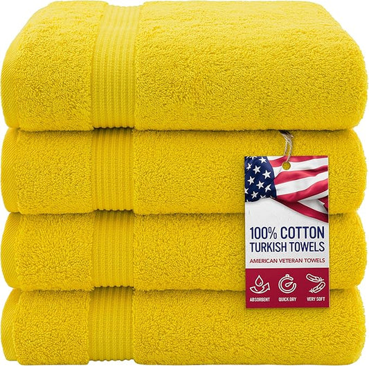American Veteran Towel, 100% Cotton Turkish Bath Towels for Bathroom 4 Pack, 27x54 Extra Large Premium Soft Drying Bathroom Towels, Yellow