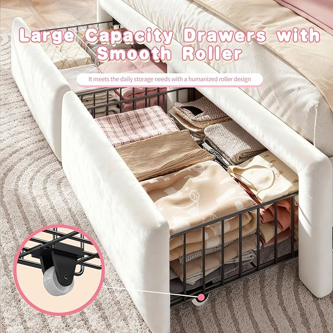 EnHomee Queen Bed Frame with LED, Velvet Upholstered Cloud Headboard and Drawers, Bed Frame Queen Size with Height Adjustable Headboard, Solid Wooden Slats, No Box Spring Needed, Easy Assembly, Cream