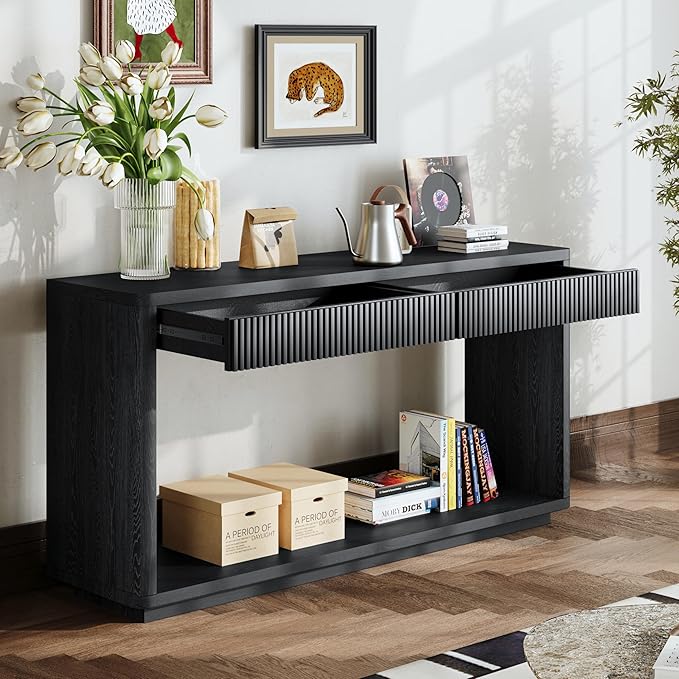 59.8”Rectangular Rustic Fluted Console Table with 2 Drawers,Solid Wood Entry Table Hallway Table, Modern Farmhouse Narrow Sofa Table for Foyer Living Room,Bedroom,Apartments-Black