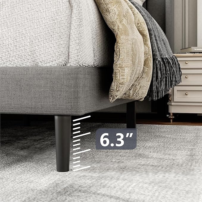 King Size Bed Frame with Wingback Headboard, Upholstered Platform Bed, No Box Spring Needed, Sturdy Wooden Slat Support, Easy Assembly, Light Gray