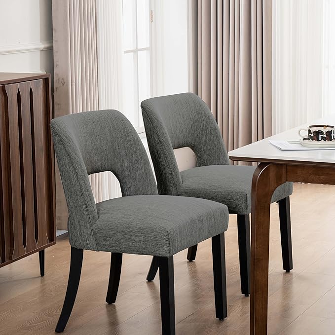 VKNOW Wooden Dining Chairs Set of 4, Modern Fabric Upholstered Dining Room Chair Kitchen Chairs, Farmhouse Dinner Chair for Kitchen Dining Room, Dark Grey-Black Legs