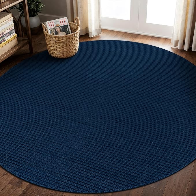 Non Slip Navy Solid Rubber Back Thing Rug for Living Room 6 Round Area Rugs for Kitchen, Rugs for Bedroom, Stain Resistant Easy Cleaning Non Shedding Carpet Navy 6 Round