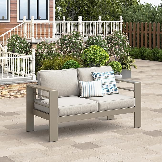 Wisteria Lane Patio Furniture Metal Loveseat, Metal Outdoor Chairs with Upgraded Cushions, All-Weather Outdoor 2 Seats Sofa Couch for Balcony, Garden, Deck, Backyard, Khaki