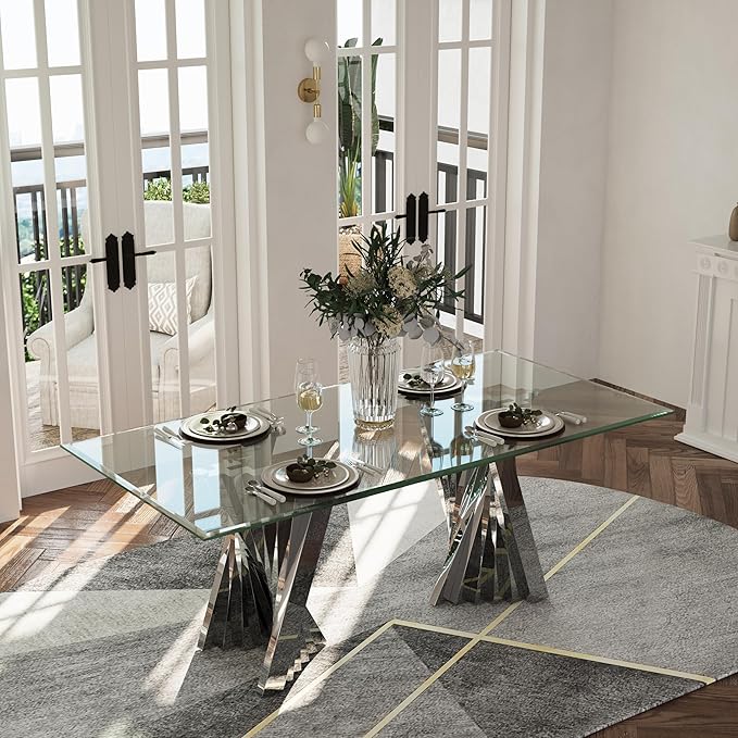 78" Silver Dining Table for 6-8, Modern Kitchen and Dining Table with Tempered Glass Top and Silver Mirrored Stainless Steel Base, Luxury Rectangular Dinner Room Table for Kitchen, Dining Room