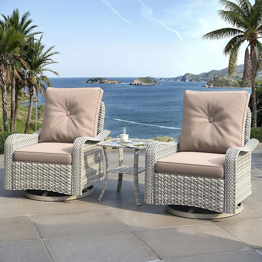 3 Piece Outdoor Wicker Patio Furniture Set,High Back Swivel Rocker Patio Chairs with 4" Thickened Cushions & Side Table, All-Weather PE Rattan for Garden, Backyard, Porch, Beige